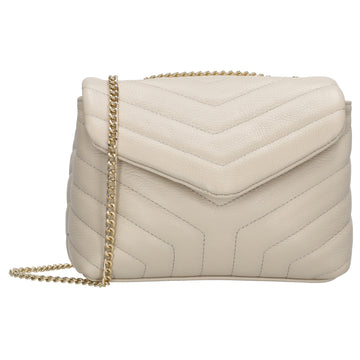 Schultertasche 25x15cm in Beige mit gestepptem Leder und Kettenriemen Gold - leder-accessoires.com