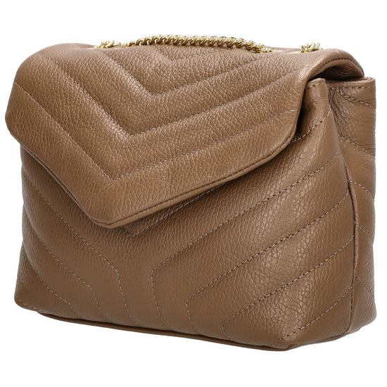 Schultertasche 25x15cm in Taupe mit gestepptem Leder und Kettenriemen Gold - leder-accessoires.com