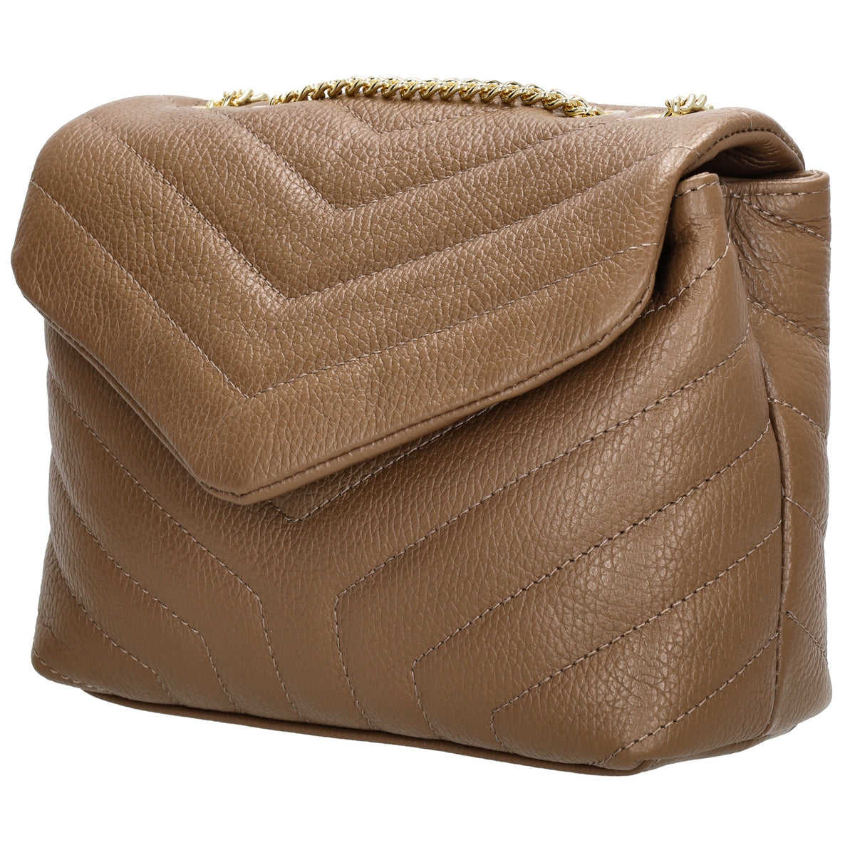 Schultertasche 25x15cm in Taupe mit gestepptem Leder und Kettenriemen Gold - leder-accessoires.com