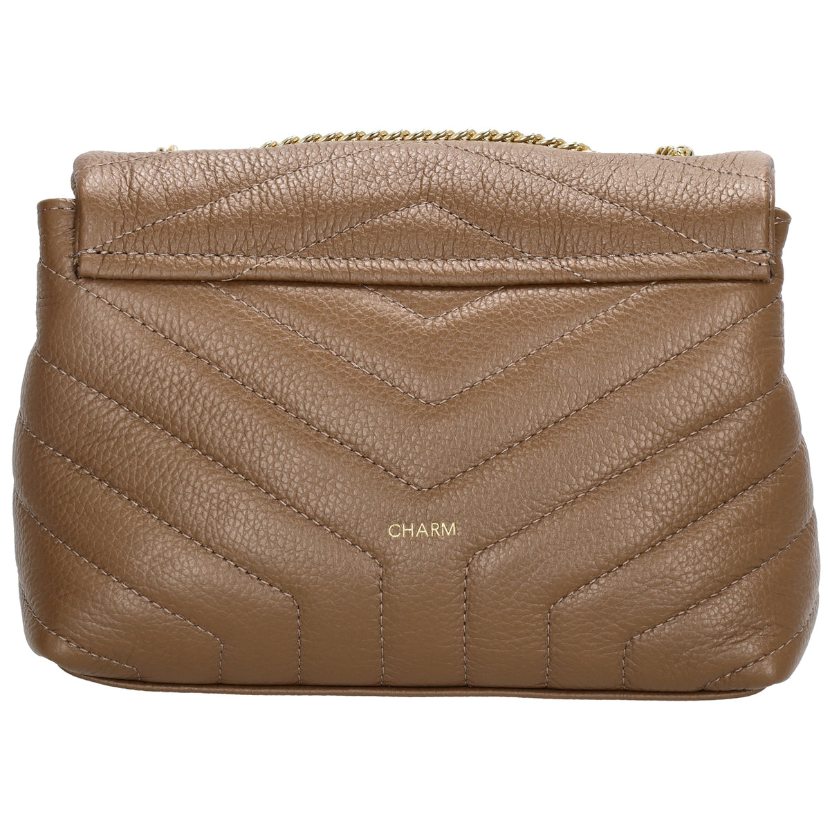 Schultertasche 25x15cm in Taupe mit gestepptem Leder und Kettenriemen Gold - leder-accessoires.com