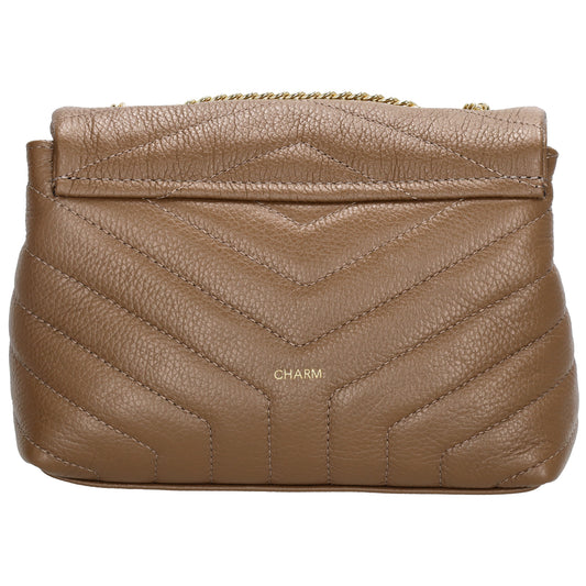 Schultertasche 25x15cm in Taupe mit gestepptem Leder und Kettenriemen Gold - leder-accessoires.com