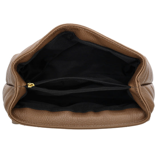Schultertasche 25x15cm in Taupe mit gestepptem Leder und Kettenriemen Gold - leder-accessoires.com