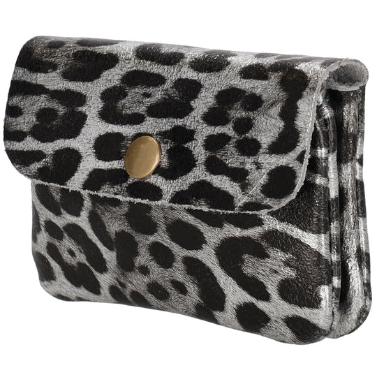Lederbörse Mini 11x7,5cm Siber|Schwarz Metallic in Leo-Optik - leder-accessoires.com