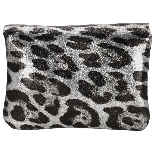 Lederbörse Mini 11x7,5cm Siber|Schwarz Metallic in Leo-Optik - leder-accessoires.com