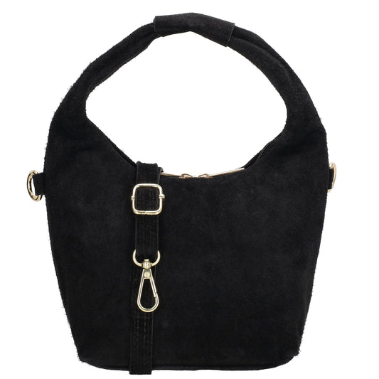Kurzgrifftasche|Cross-Over 16 x 13cm in Schwarz aus Veloursleder mit Reißverschluss - leder-accessoires.com