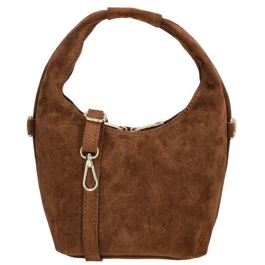 Kurzgrifftasche|Cross-Over 16 x 13cm in Braun aus Veloursleder mit Reißverschluss - leder-accessoires.com