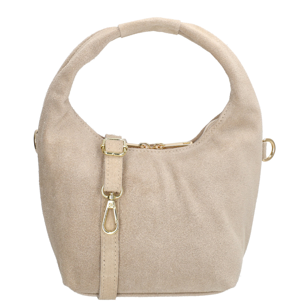 Kurzgrifftasche|Cross-Over 16 x 13cm in Beige aus Veloursleder mit Reißverschluss - leder-accessoires.com