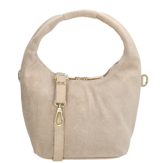 Kurzgrifftasche|Cross-Over 16 x 13cm in Beige aus Veloursleder mit Reißverschluss - leder-accessoires.com