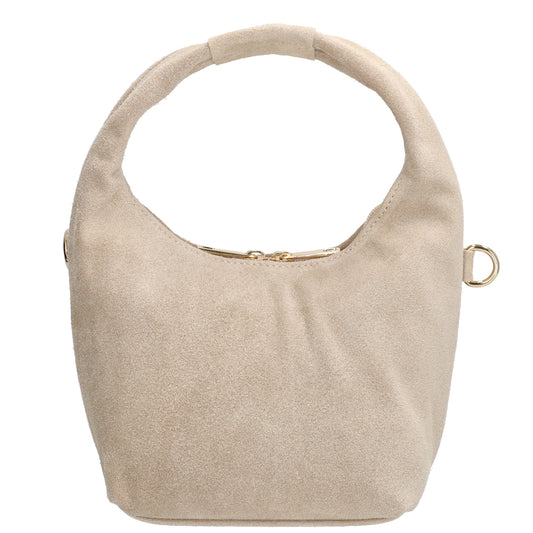 Kurzgrifftasche|Cross-Over 16 x 13cm in Beige aus Veloursleder mit Reißverschluss - leder-accessoires.com