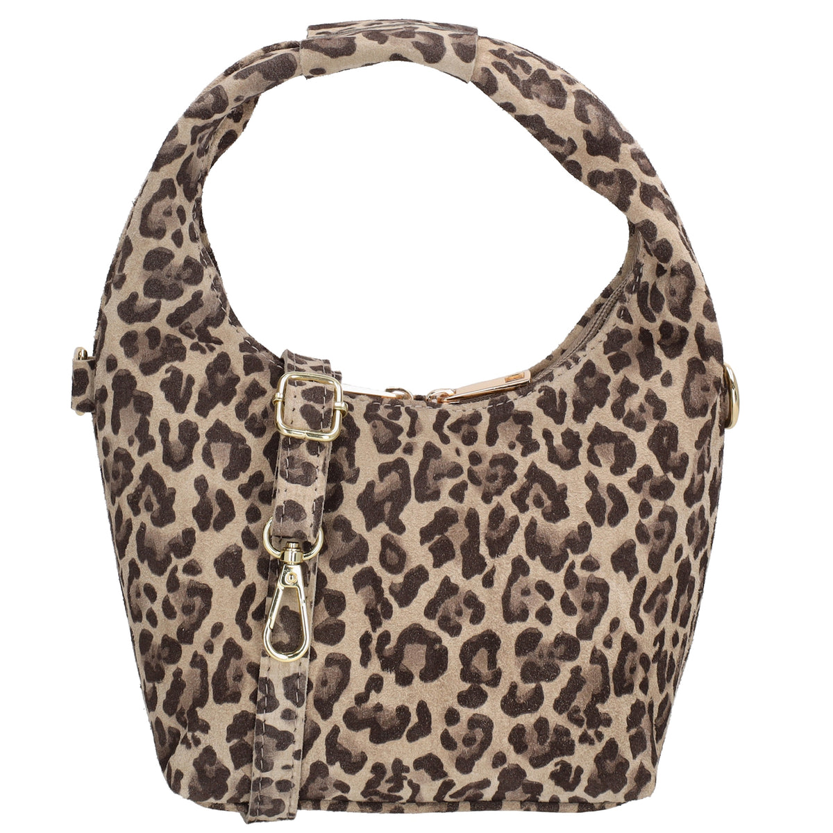 Kurzgrifftasche|Cross-Over 16 x 13cm in Leo-Optik aus Veloursleder mit Reißverschluss - leder-accessoires.com