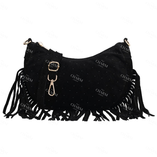 Crossbody-Tasche 22,5x12cm in Schwarz mit Franzen - leder-accessoires.com