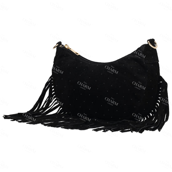 Crossbody-Tasche 22,5x12cm in Schwarz mit Franzen - leder-accessoires.com