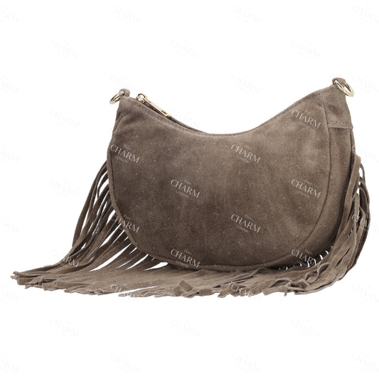 Crossbody-Tasche 22,5x12cm in Taupe mit Franzen - leder-accessoires.com