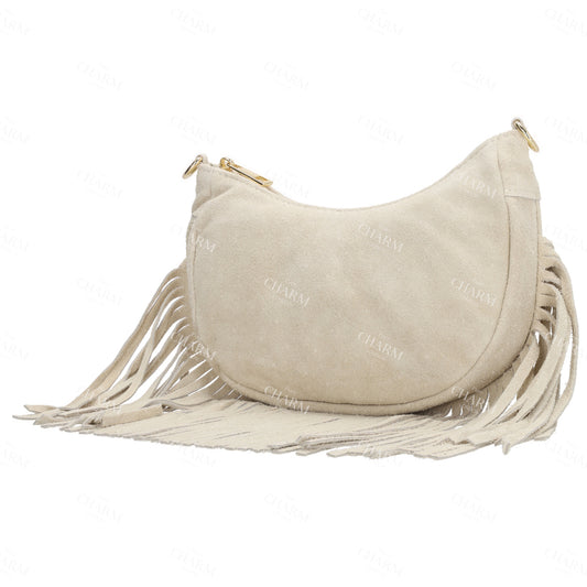 Crossbody-Tasche 22,5x12cm in Sand mit Franzen - leder-accessoires.com