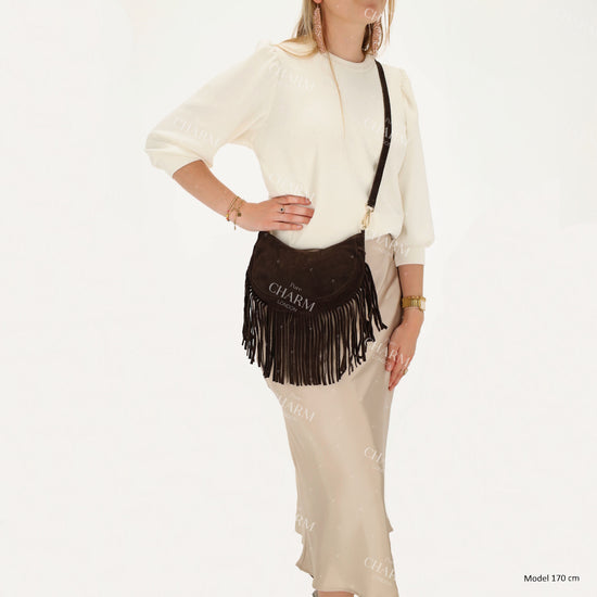 Crossbody-Tasche 22,5x12cm in Braun mit Franzen - leder-accessoires.com