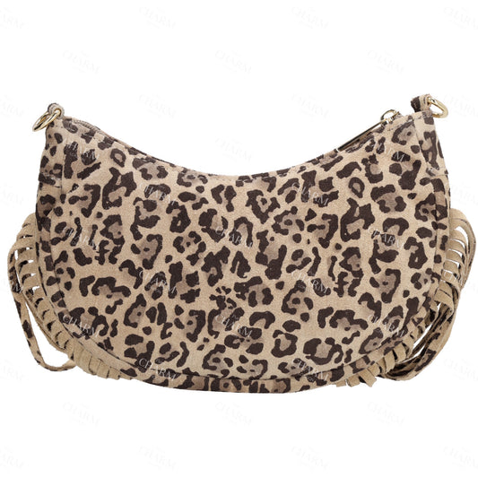 Crossbody-Tasche 22,5x12cm in Leo-Optik mit Franzen - leder-accessoires.com