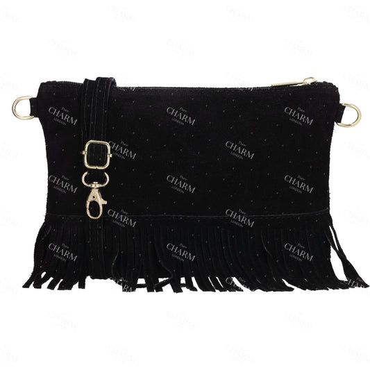 Schultertasche 13x1cm in Schwarz mit Franzen - leder-accessoires.com