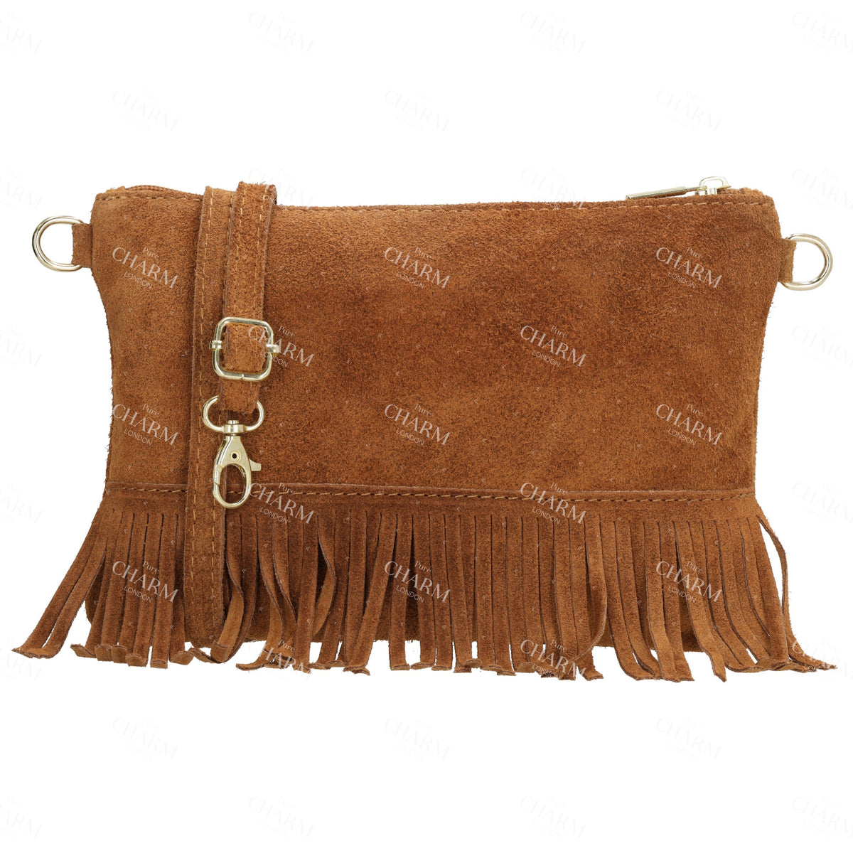 Schultertasche 13x1cm in Cognac mit Franzen - leder-accessoires.com