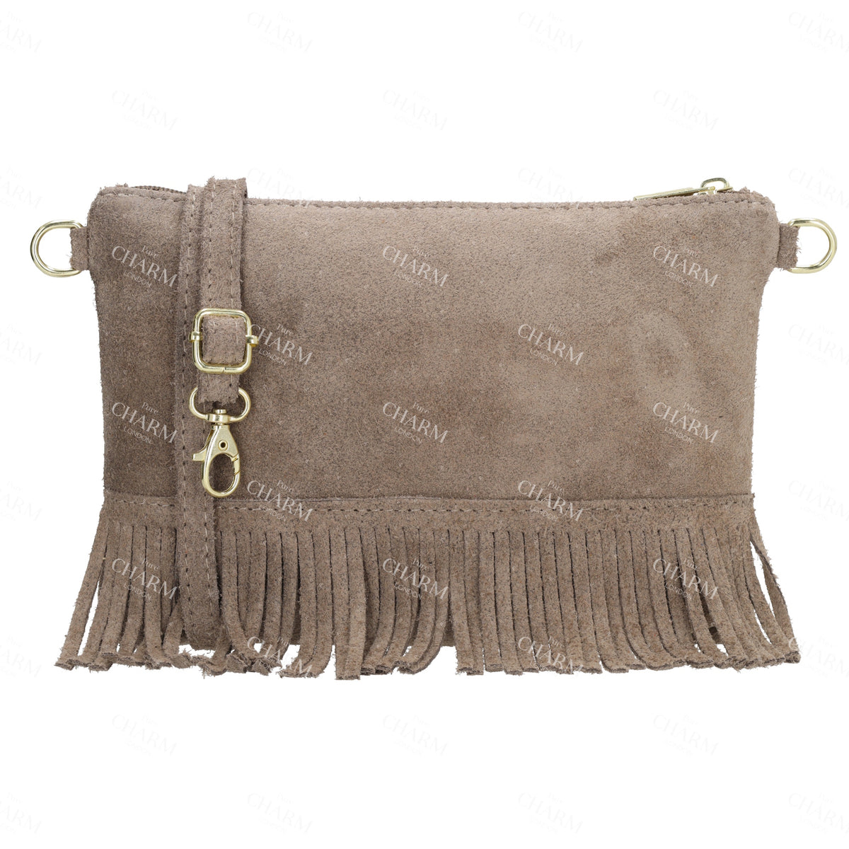 Schultertasche 13x1cm in Taupe mit Franzen - leder-accessoires.com