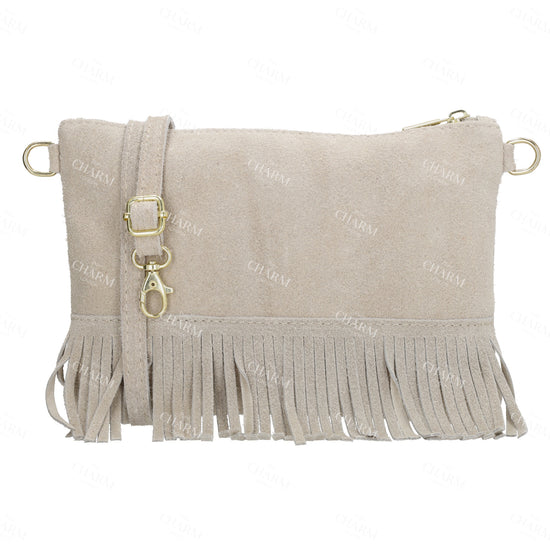 Schultertasche 13x1cm in Sand|Beige mit Franzen - leder-accessoires.com
