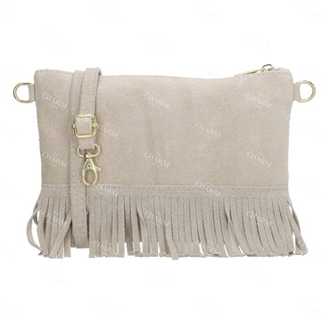 Schultertasche 13x1cm in Sand|Beige mit Franzen - leder-accessoires.com