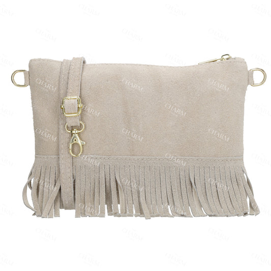 Schultertasche 13x1cm in Sand|Beige mit Franzen - leder-accessoires.com