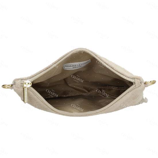 Schultertasche 13x1cm in Sand|Beige mit Franzen - leder-accessoires.com