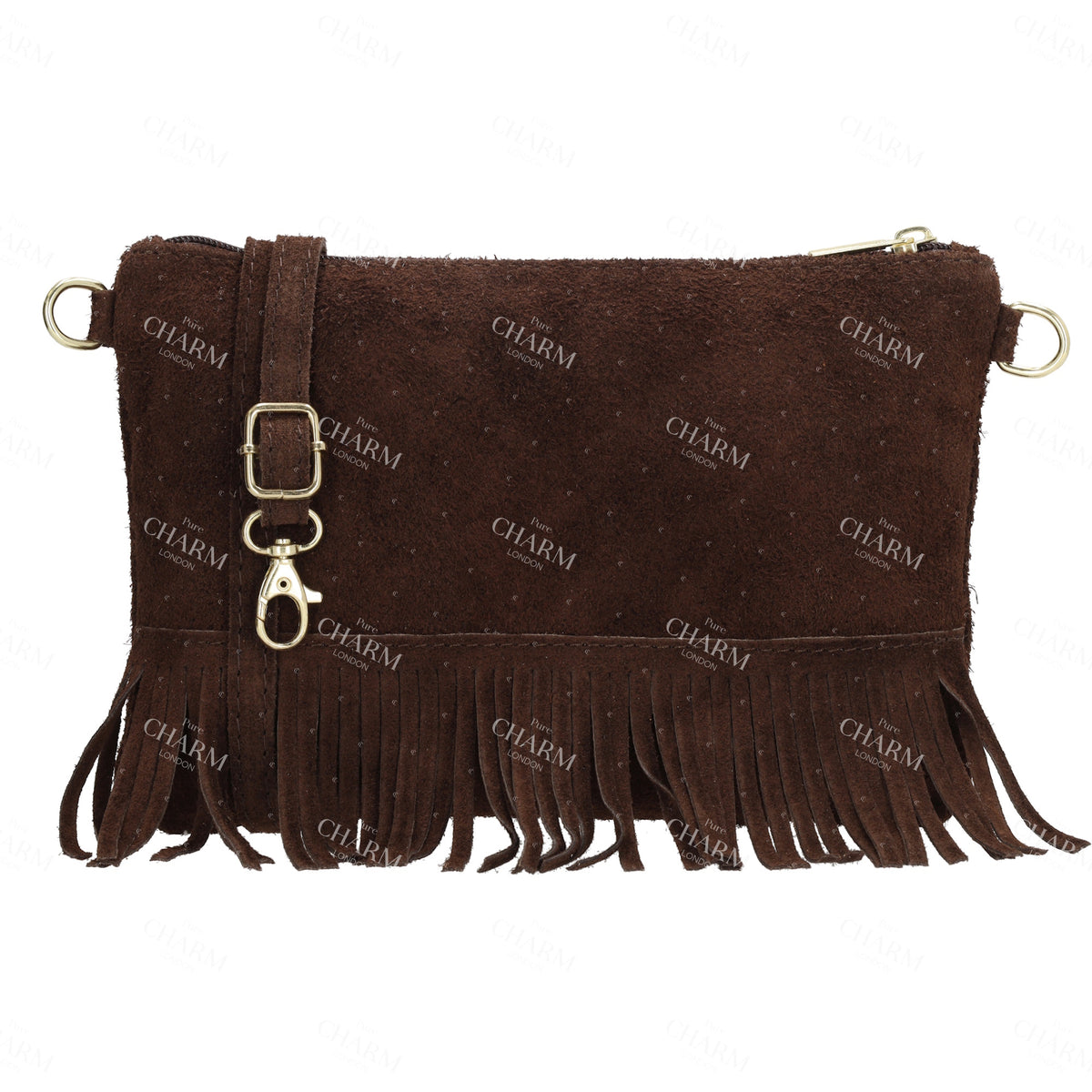 Schultertasche 13x1cm in Dunkelbraun mit Franzen - leder-accessoires.com