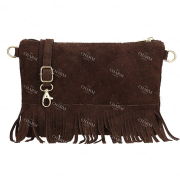 Schultertasche 13x1cm in Dunkelbraun mit Franzen - leder-accessoires.com