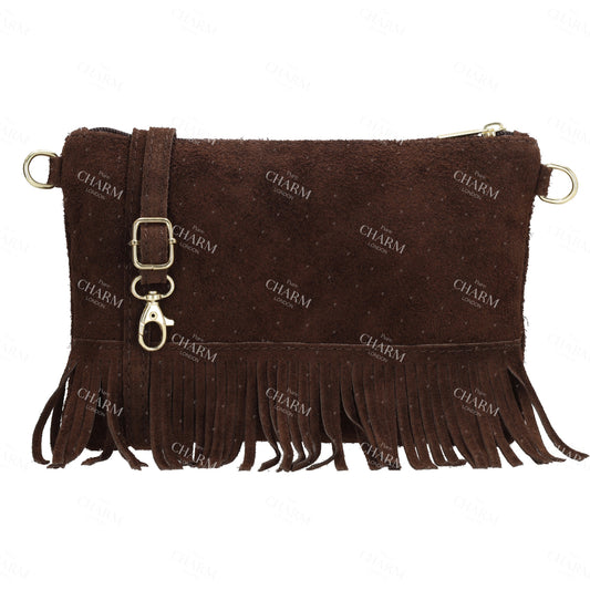 Schultertasche 13x1cm in Dunkelbraun mit Franzen - leder-accessoires.com