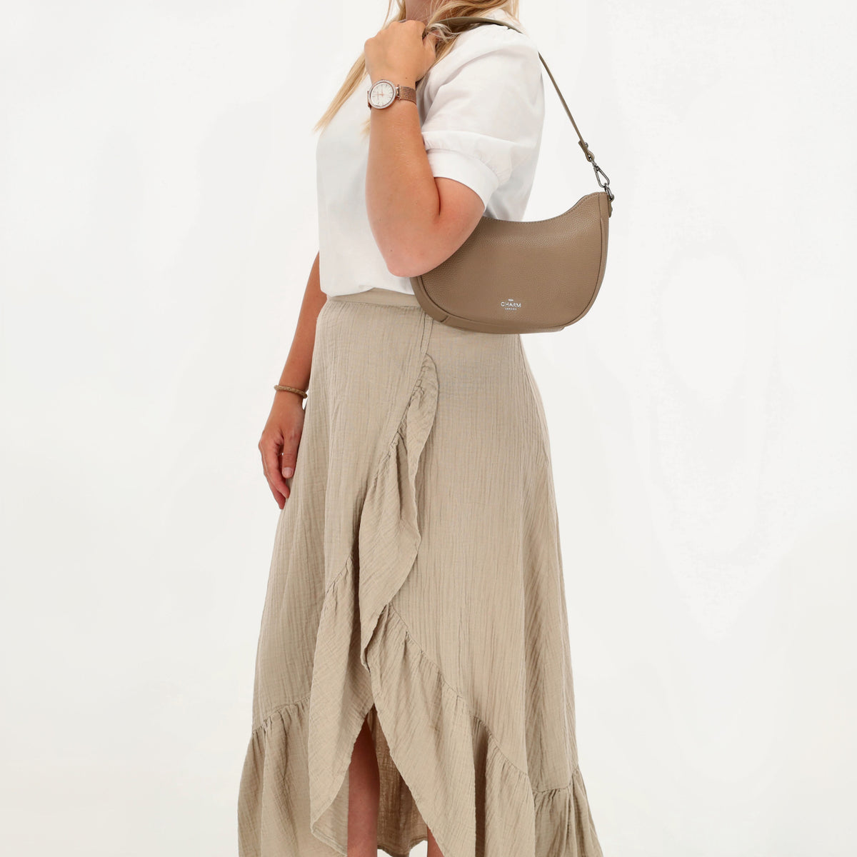 Schultertasche 25x20cm in Taupe mit Reißverschluss und Wechselriemen - leder-accessoires.com