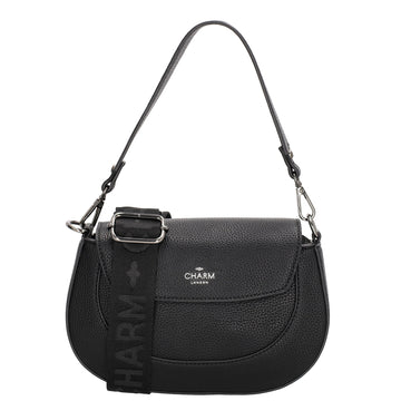 Schultertasche 23x13,5cm in Schwarz mit Reißverschluss und Überschlag - leder-accessoires.com