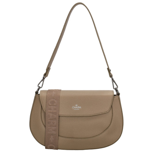 Schultertasche 28x17cm in Taupe mit Reißverschluss und Überschlag - leder-accessoires.com