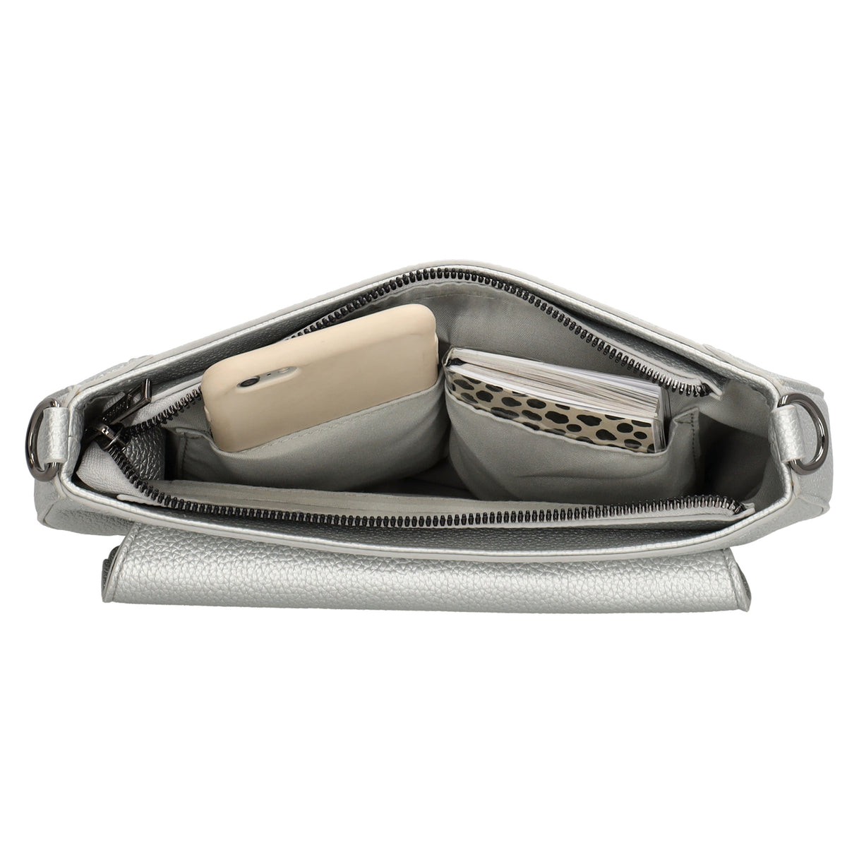 Schultertasche 28x17cm in Silber mit Reißverschluss und Überschlag - leder-accessoires.com