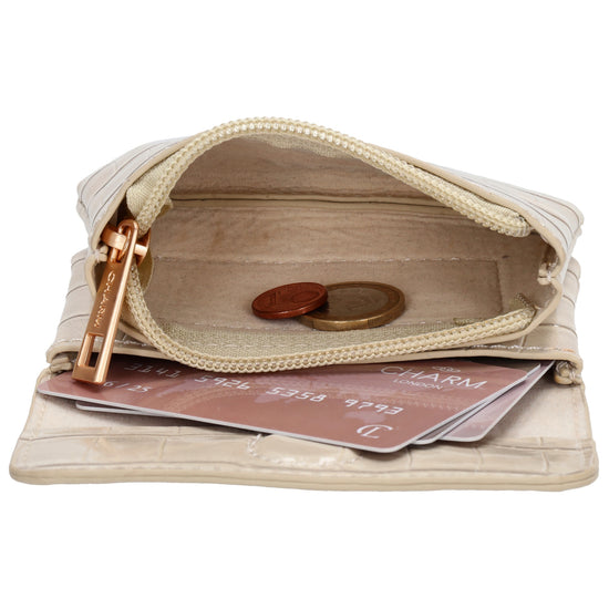Beige Lackleder Geldbörse 11x8cm mit Krokoprägung – stilvoll & kompakt - leder-accessoires.com