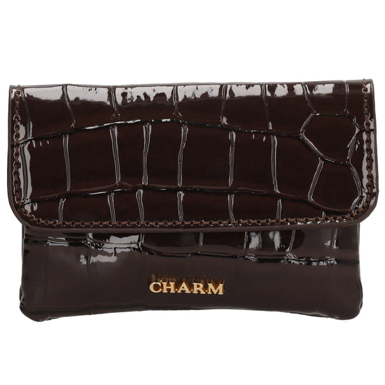Dunkelbraun Lackleder Geldbörse 11x8cm mit Krokoprägung - leder-accessoires.com