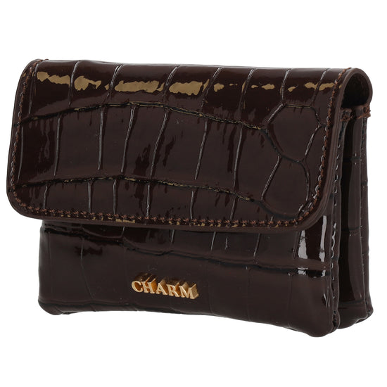 Dunkelbraun Lackleder Geldbörse 11x8cm mit Krokoprägung - leder-accessoires.com
