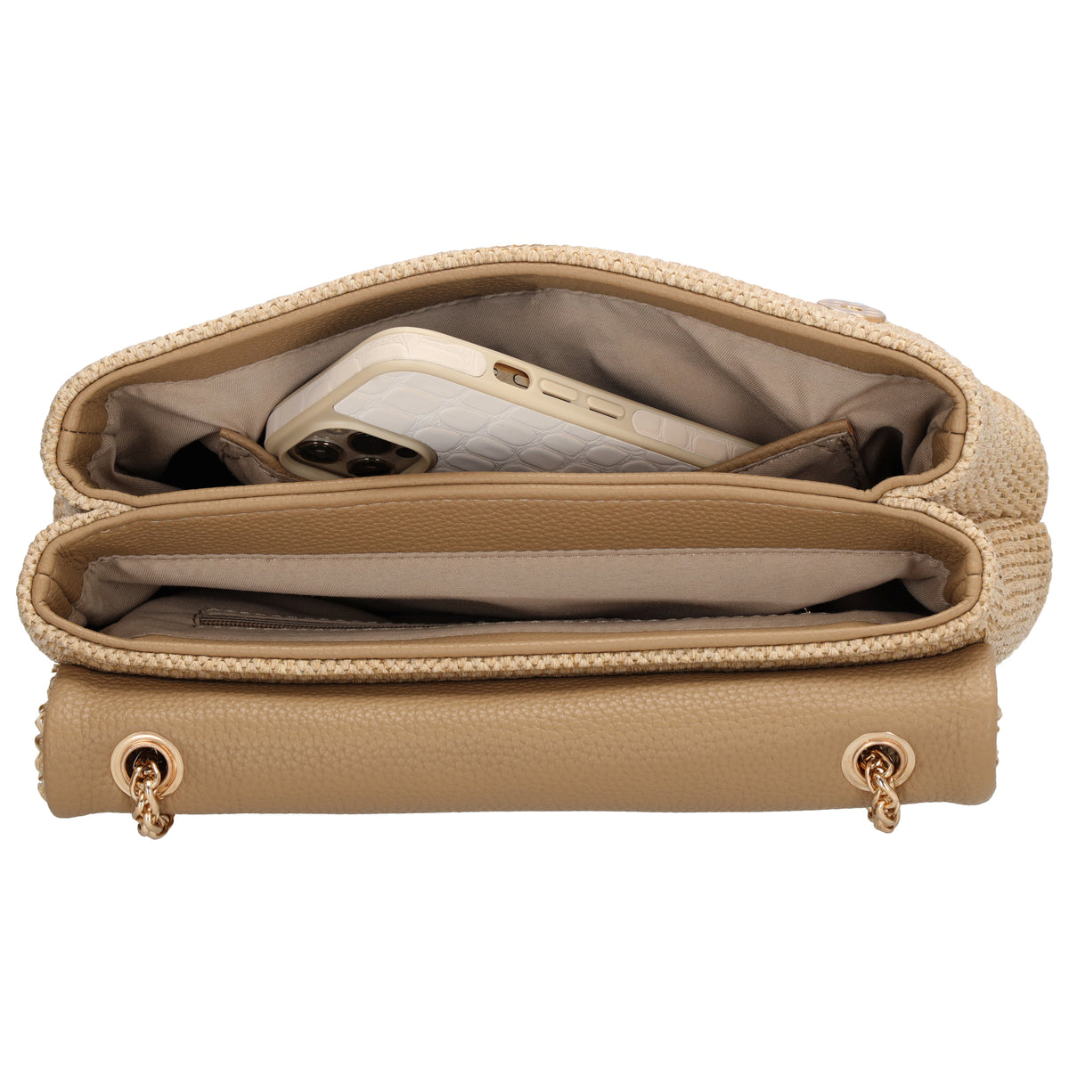 Sommer Tasche 26x16,5cm Damen Beige – Goldkette & praktische Fächer - leder-accessoires.com
