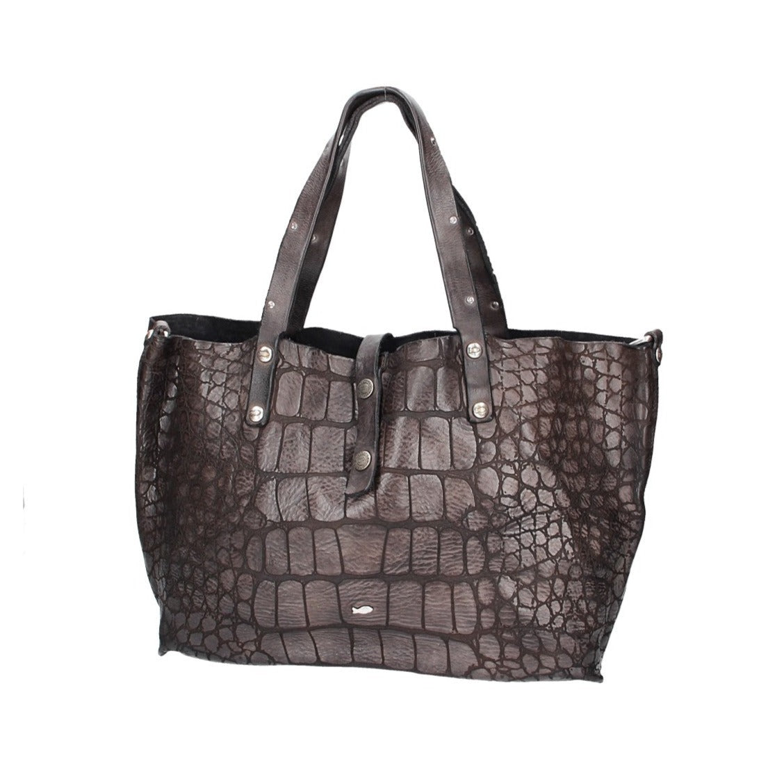 Campomaggi Schultertasche "Centaurus" aus Leder in Schwarz mit Krokoprägung - leder-accessoires.com
