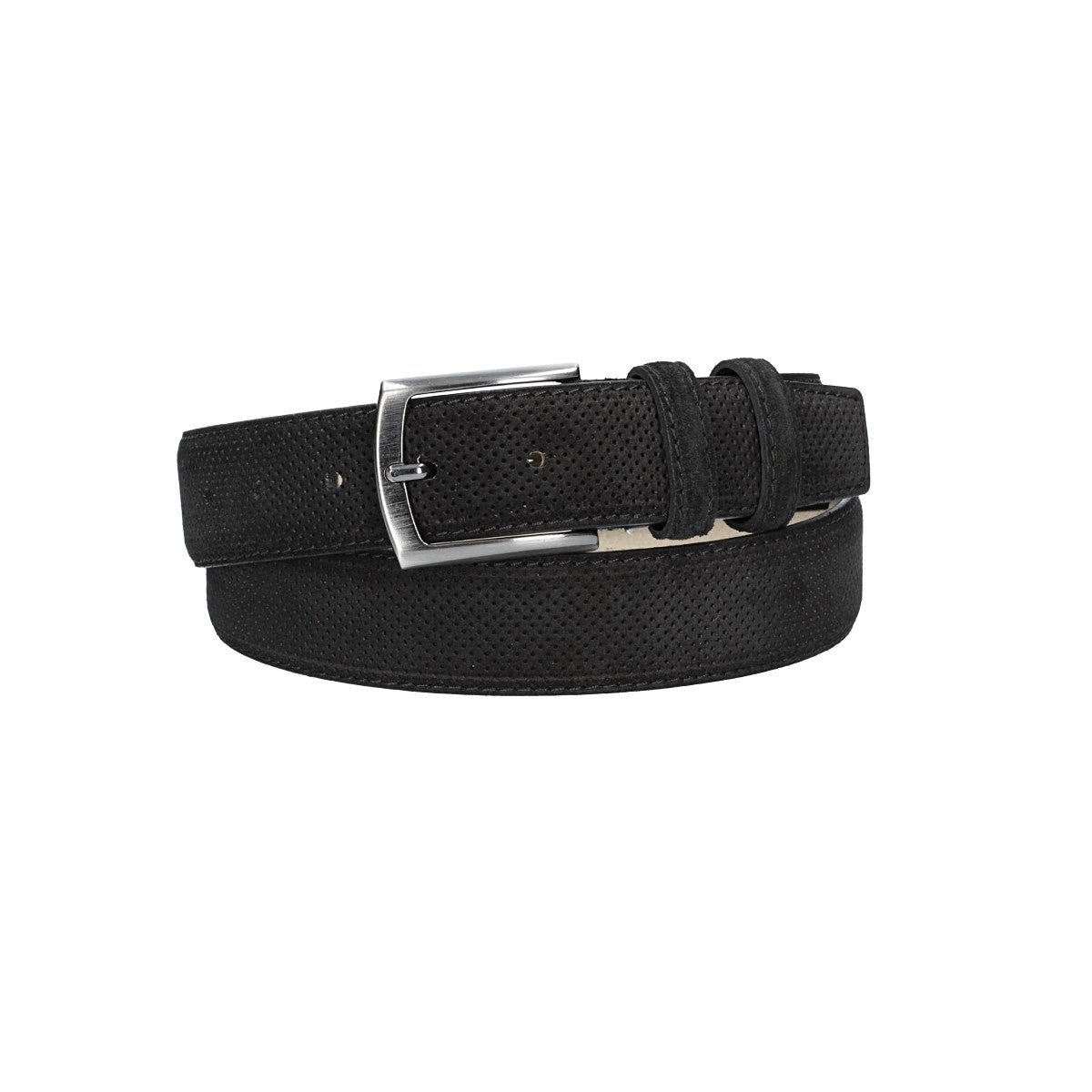 Herren-|Anzugsgürtel 35mm Schwarz abgenäht in Veloursleder bombiert mit Lochmuster - leder-accessoires.com