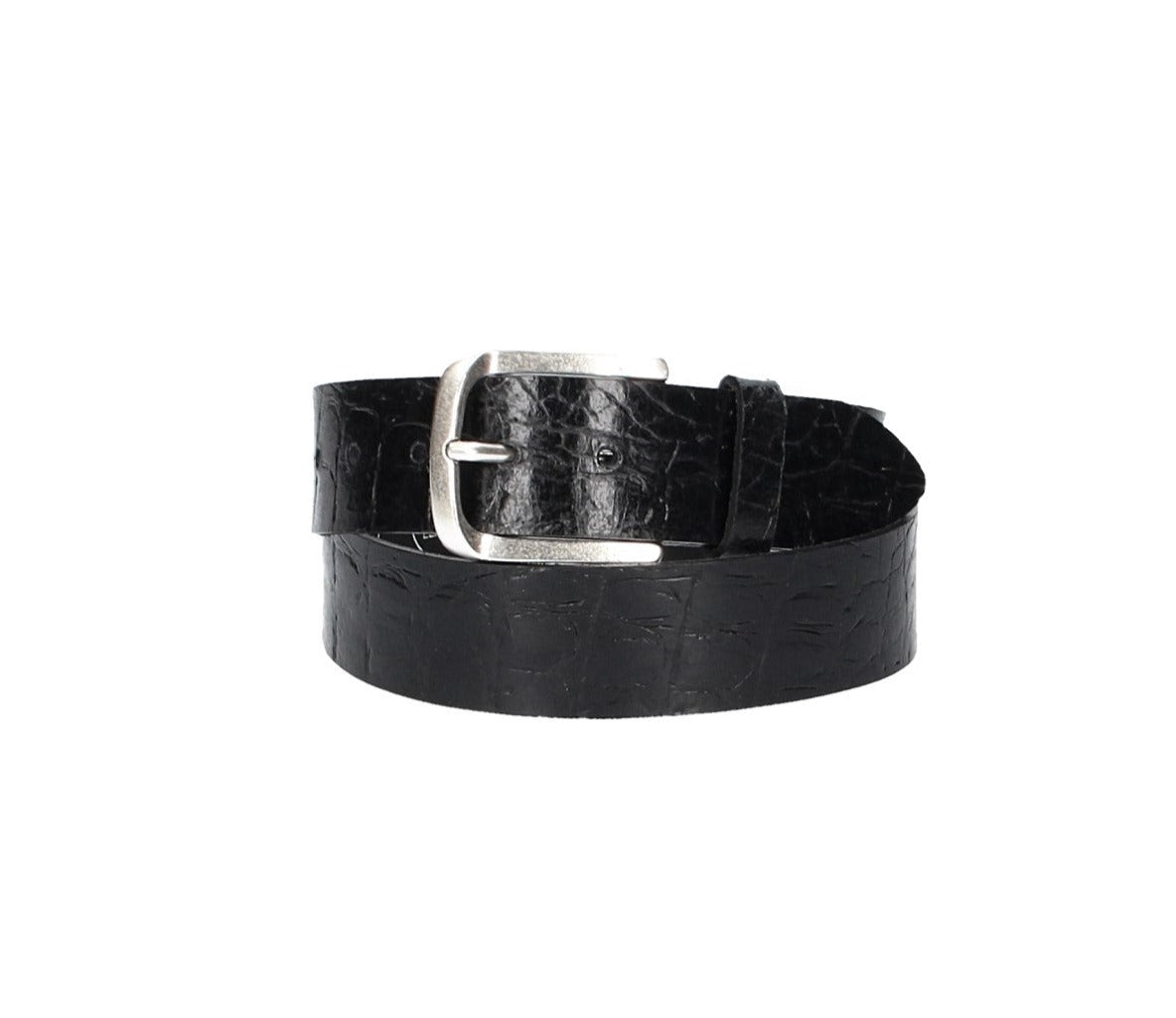 Ledergürtel 40mm Schwarz Krokoprägung mit Dornschließe in Silber - leder-accessoires.com