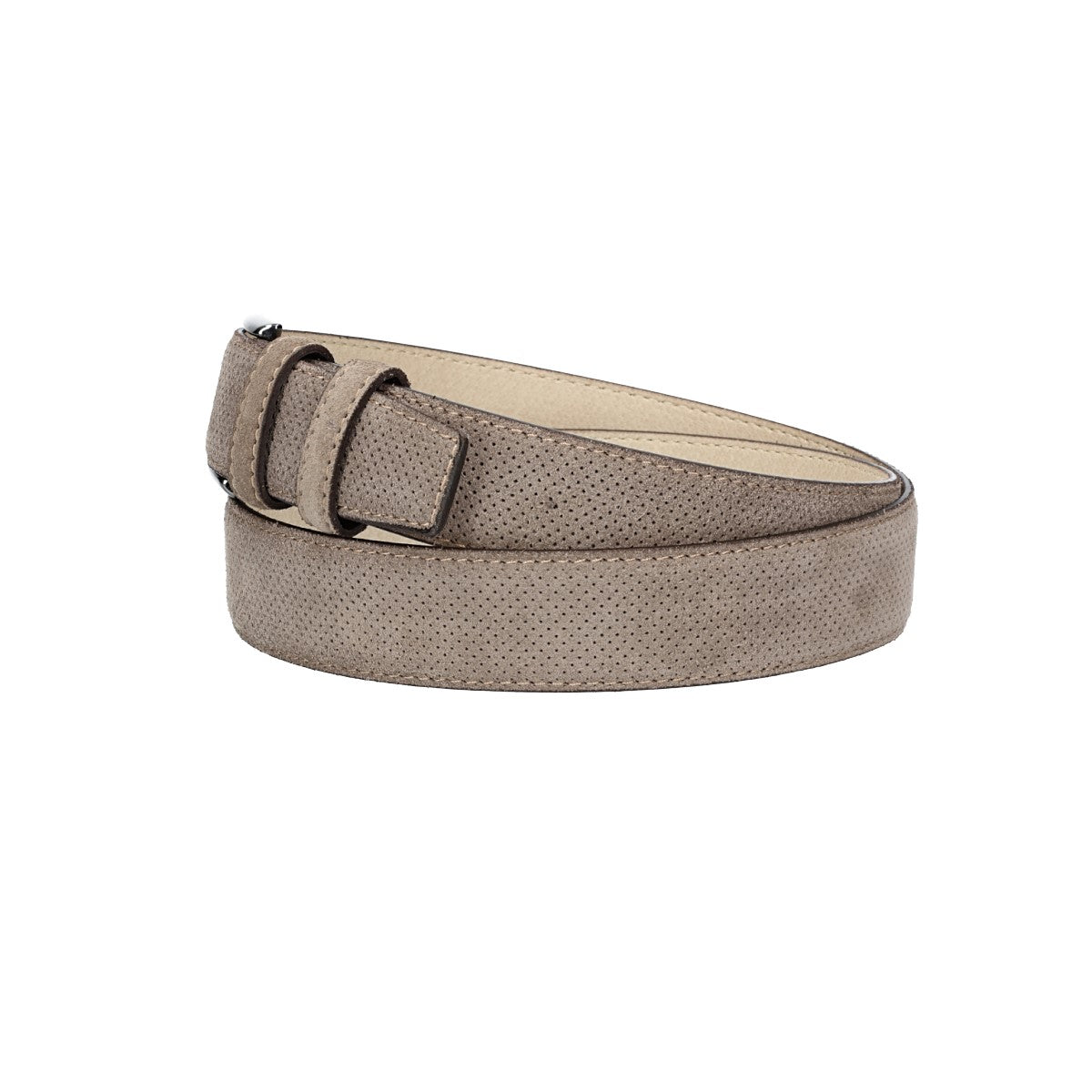 Herren-|Anzugsgürtel 35mm Grau abgenäht in Veloursleder bombiert mit Lochmuster - leder-accessoires.com