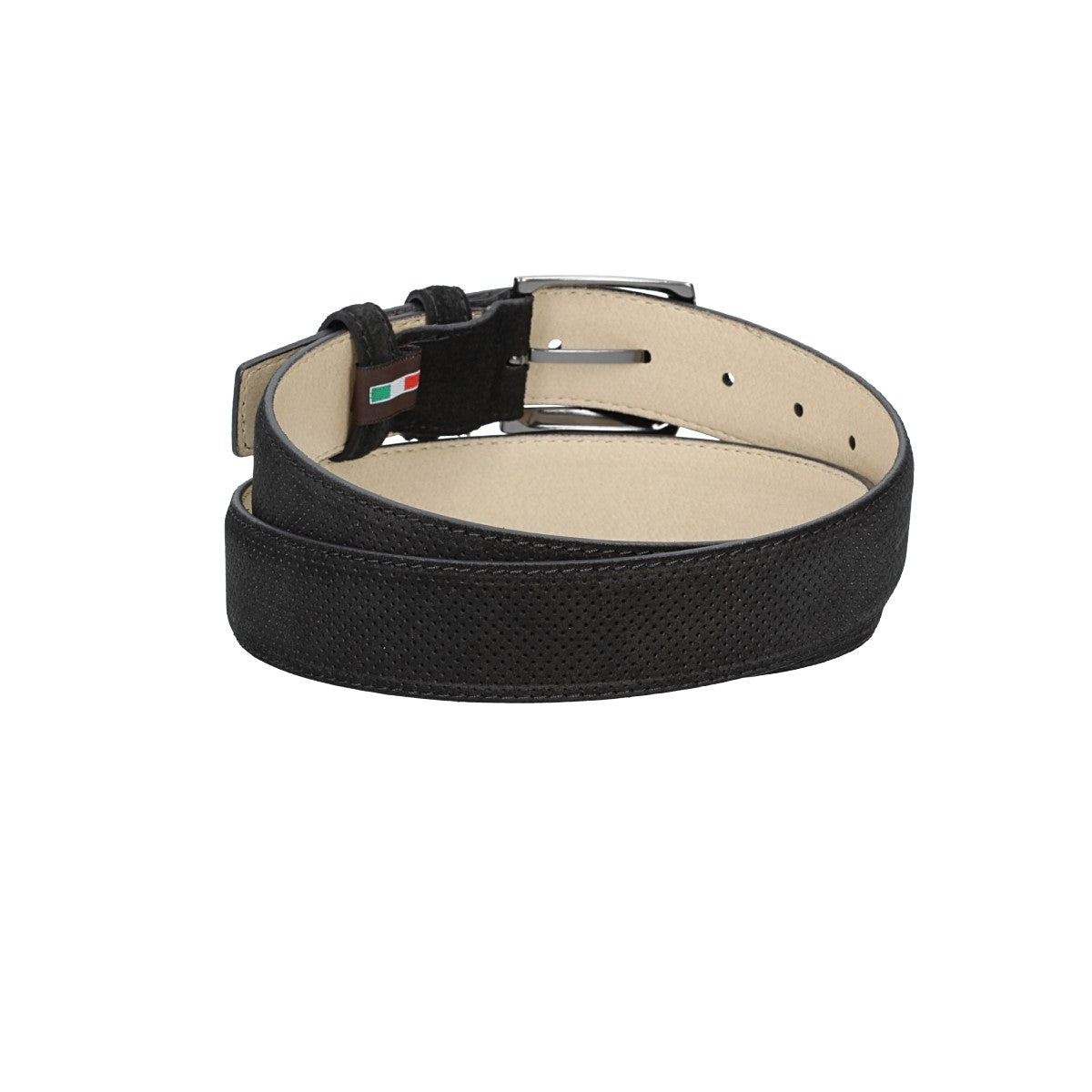 Herren-|Anzugsgürtel 35mm Schwarz abgenäht in Veloursleder bombiert mit Lochmuster - leder-accessoires.com