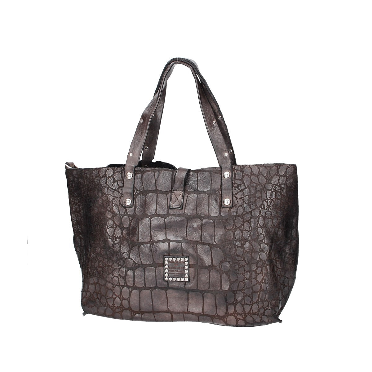 Campomaggi Schultertasche "Centaurus" aus Leder in Schwarz mit Krokoprägung - leder-accessoires.com