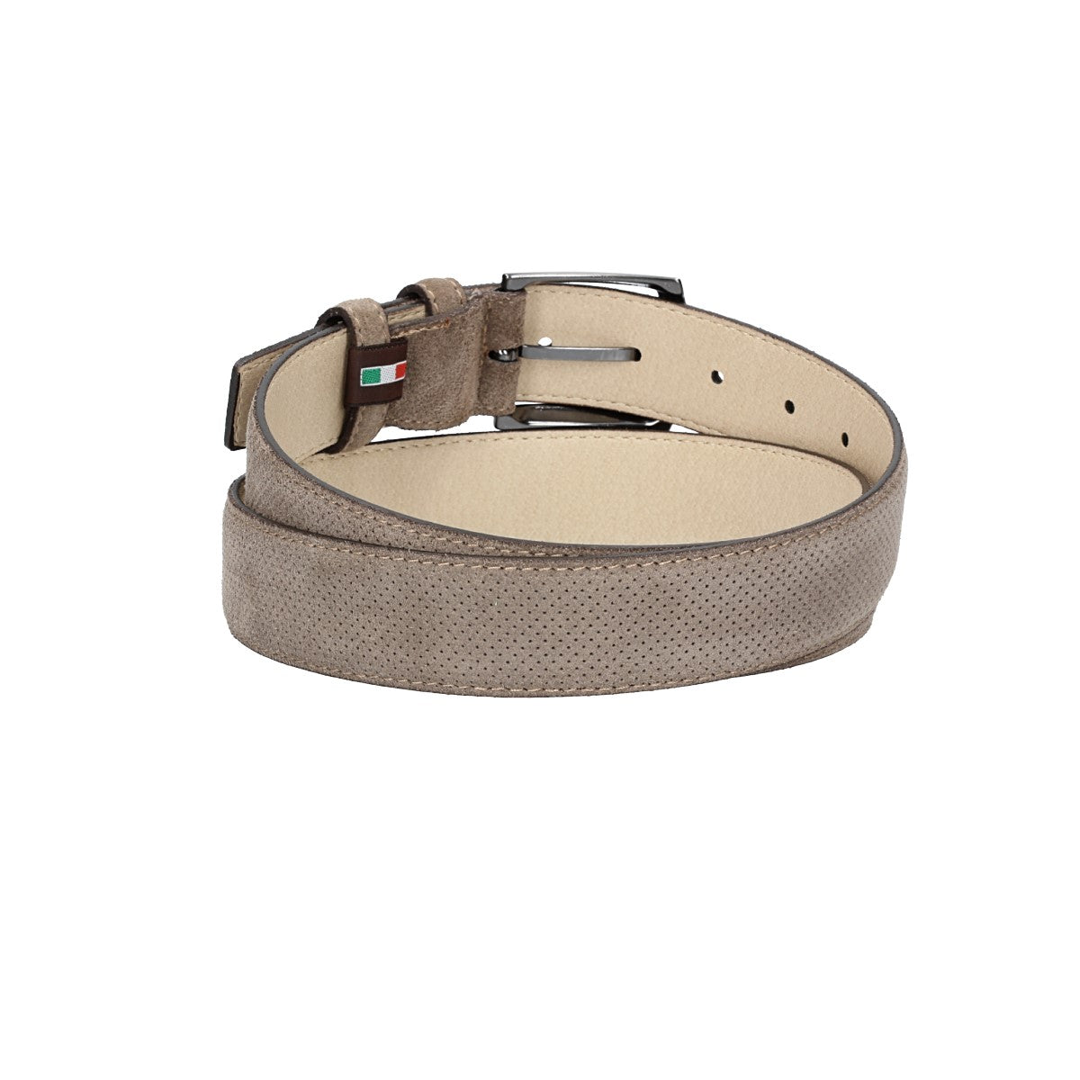 Herren-|Anzugsgürtel 35mm Grau abgenäht in Veloursleder bombiert mit Lochmuster - leder-accessoires.com