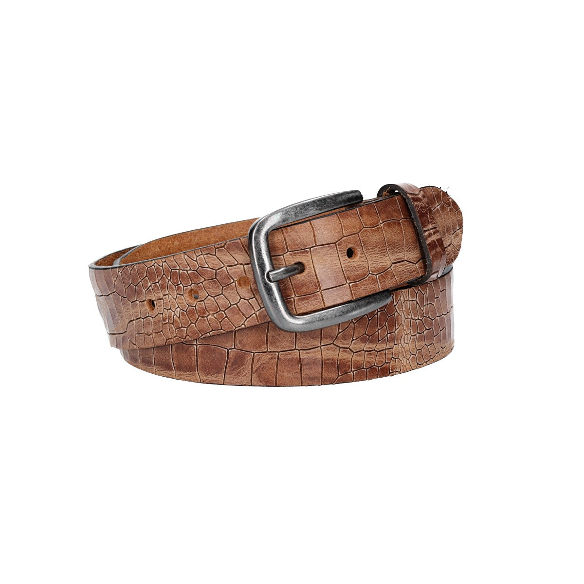 Ledergürtel 40mm in Cognac mit Kroko-Optik und dunkler Schließe - leder-accessoires.com
