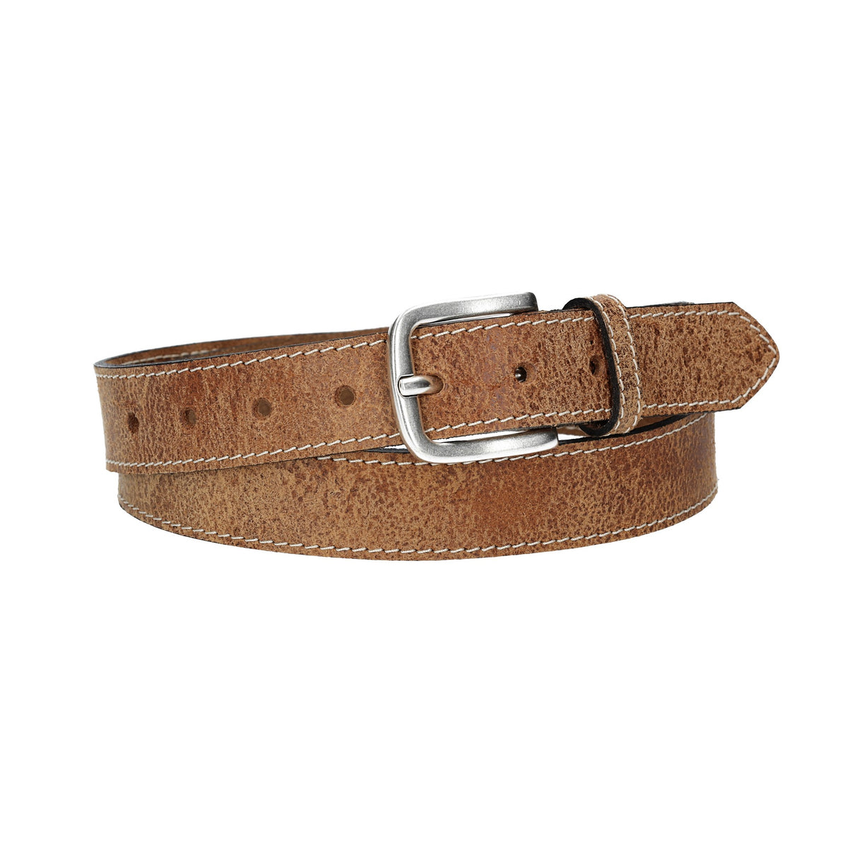 Ledergürtel Cognac hell abgenäht 30mm mit Dornschließe in Silber - leder-accessoires.com