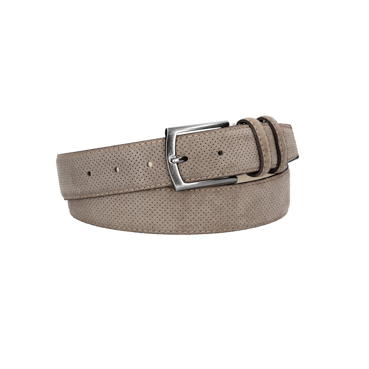 Herren-|Anzugsgürtel 35mm Grau abgenäht in Veloursleder bombiert mit Lochmuster - leder-accessoires.com