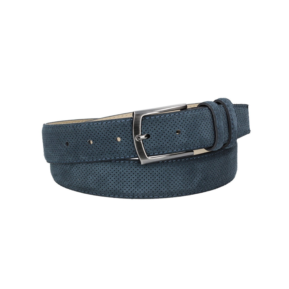 Herren-|Anzugsgürtel 35mm Blau abgenäht in Veloursleder bombiert mit Lochmuster - leder-accessoires.com