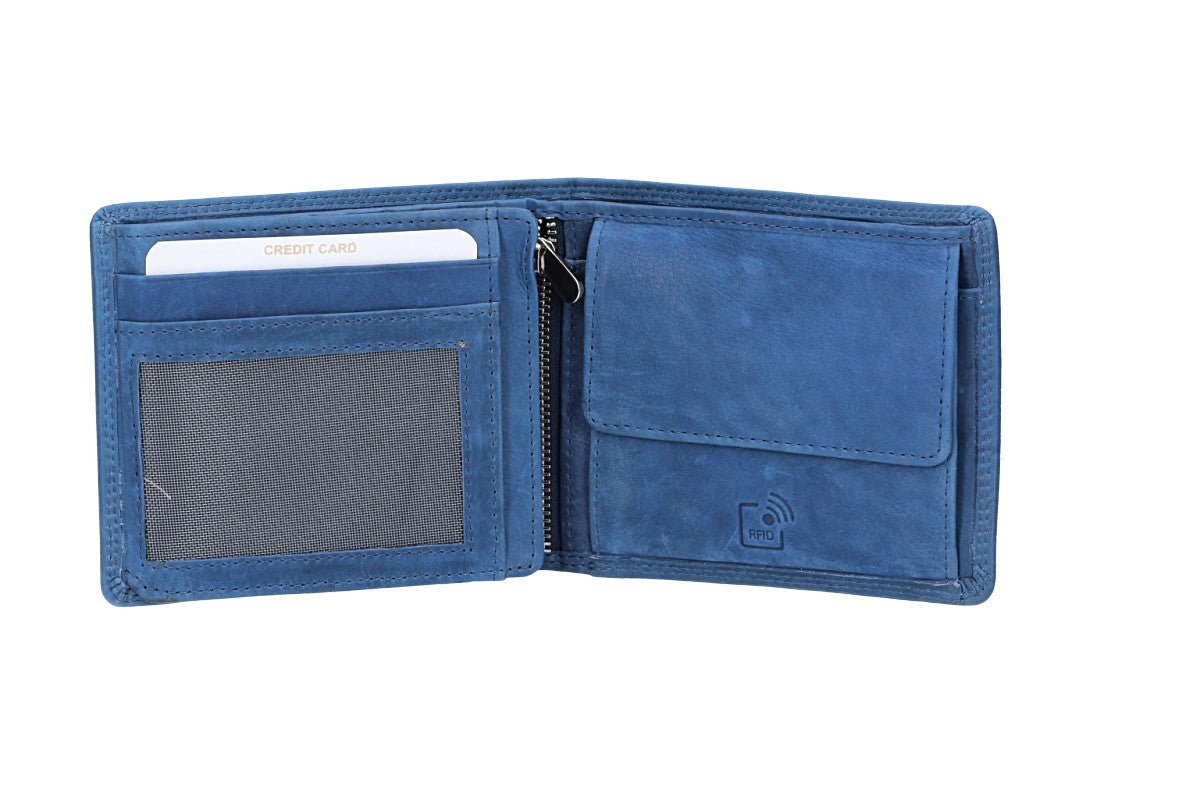 Geldbörse Querformat mit Reißverschluss in Blau aus Leder - leder-accessoires.com